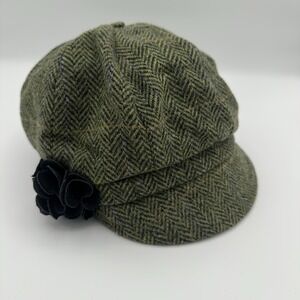 Mucros Weavers Hat Newsboy Cap Fitted Womens One Size Green Wool Flower Ireland